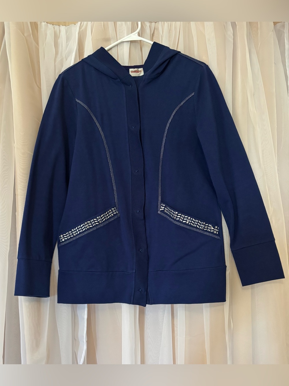 Chico's Navy Hooded Button-Front Jacket with Embroidered Pocket Trim Size SM